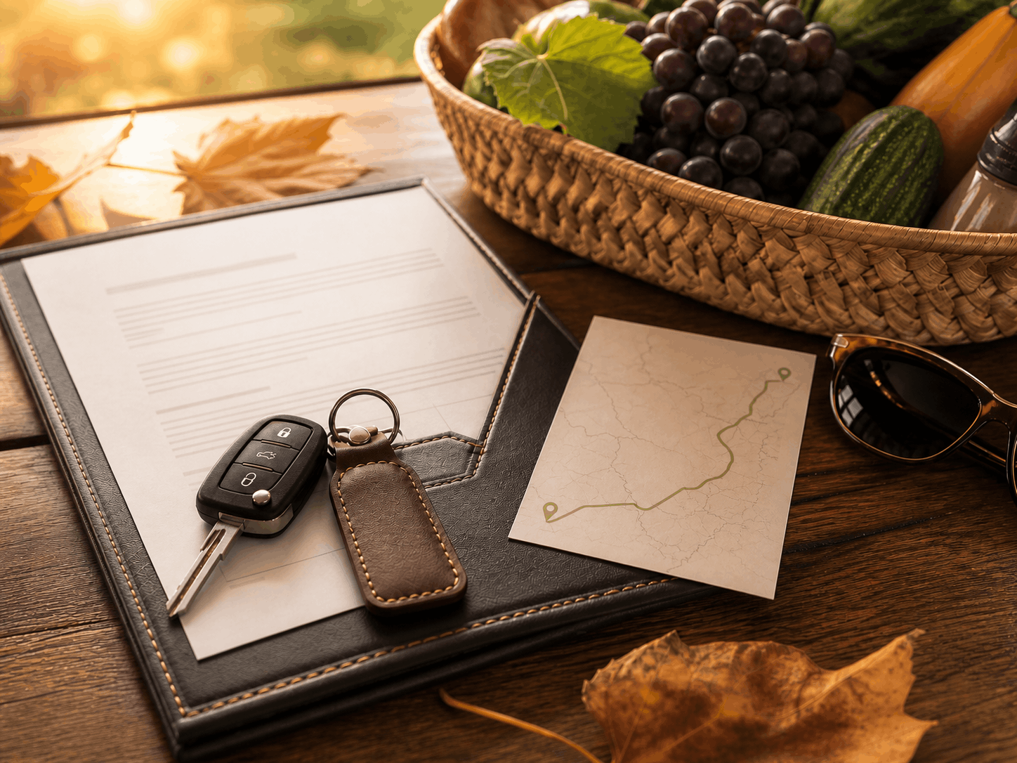 Car keys, route notes and farmer market produce on a warm brown travel desk