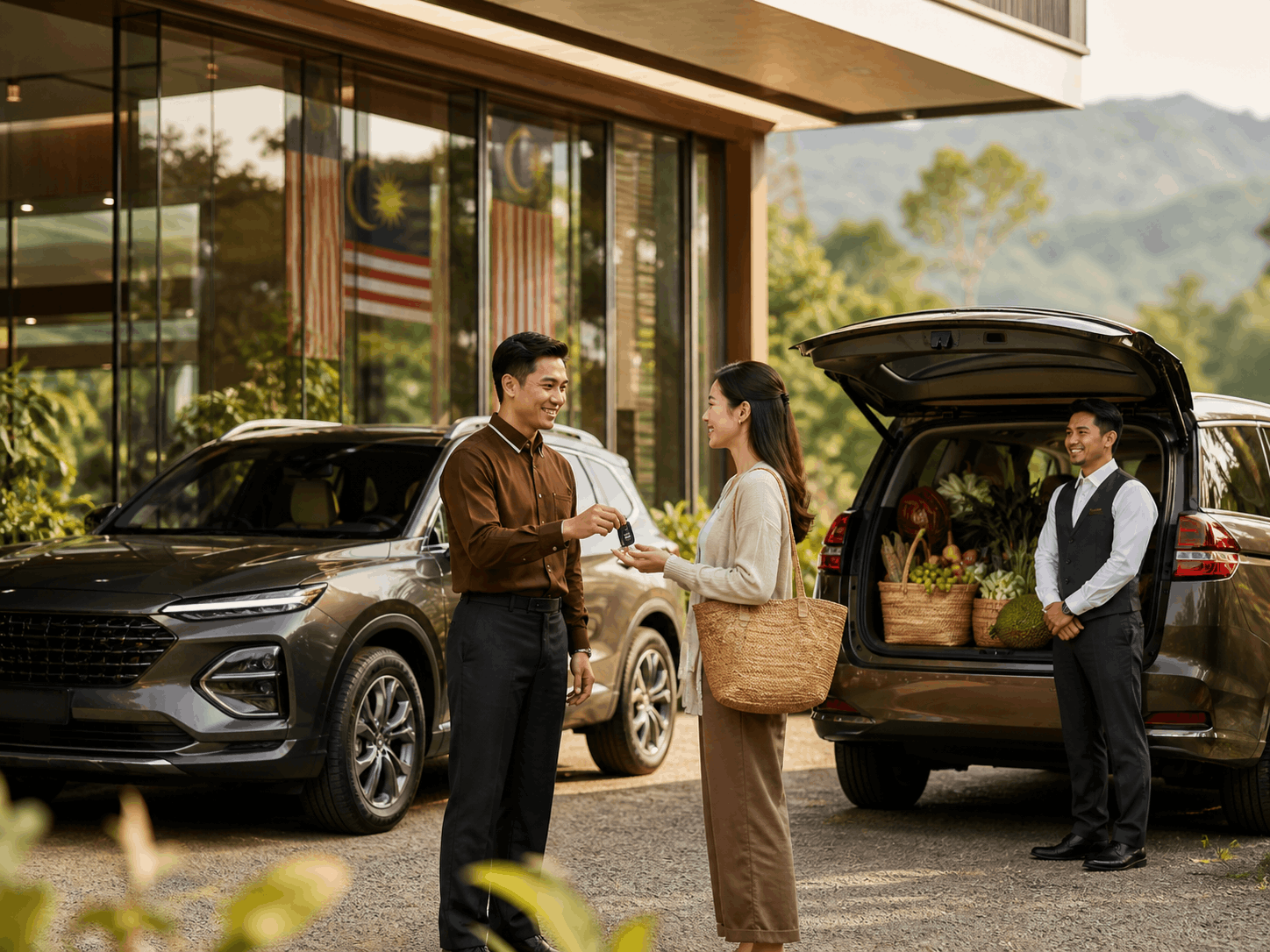 Customers receiving rental car keys near a showroom with countryside trip items and flags in the background